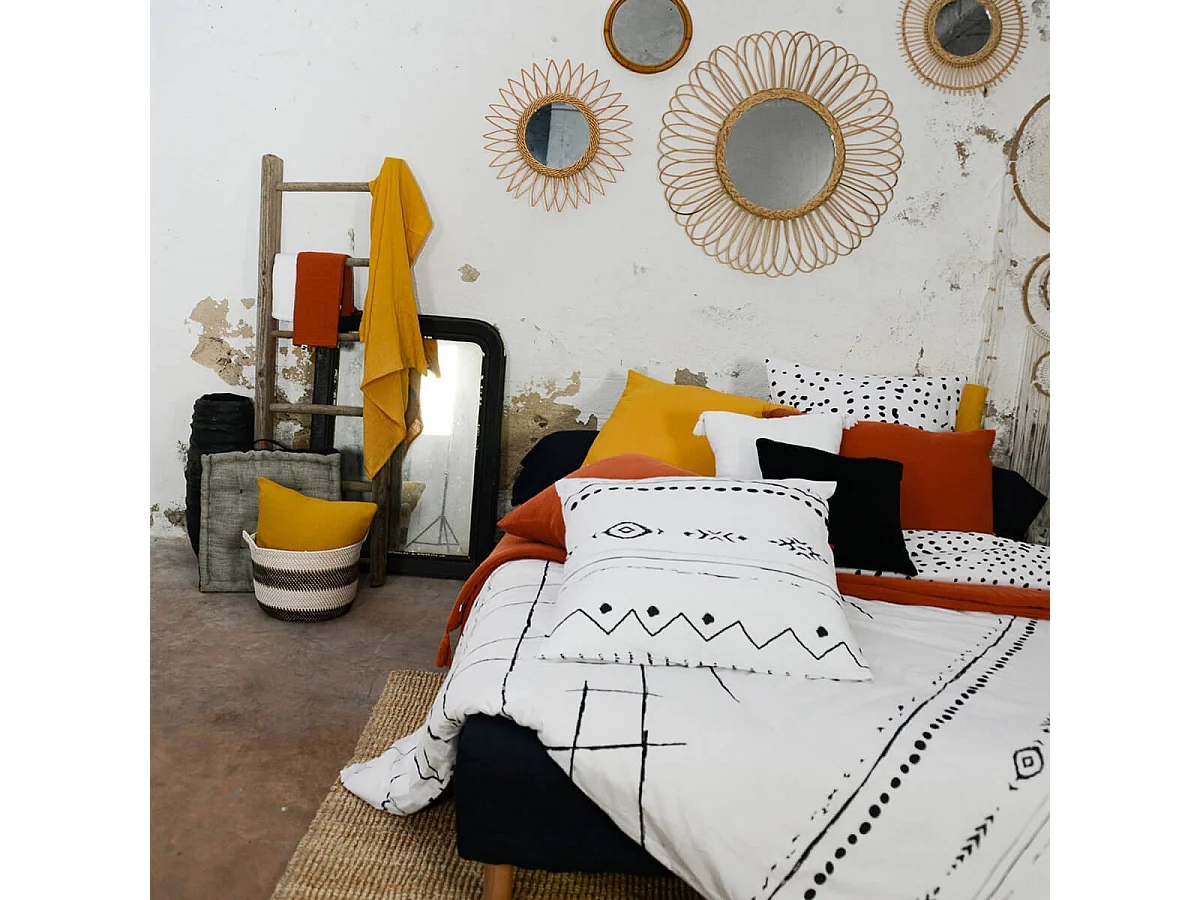 KEDAH - Parure de Lit Coton Motifs Ethniques Housse de Couette 200x200cm + 2 Taies d'Oreiller