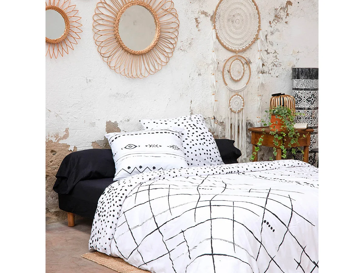 KEDAH - Parure de Lit Coton Motifs Ethniques Housse de Couette 200x200cm + 2 Taies d'Oreiller