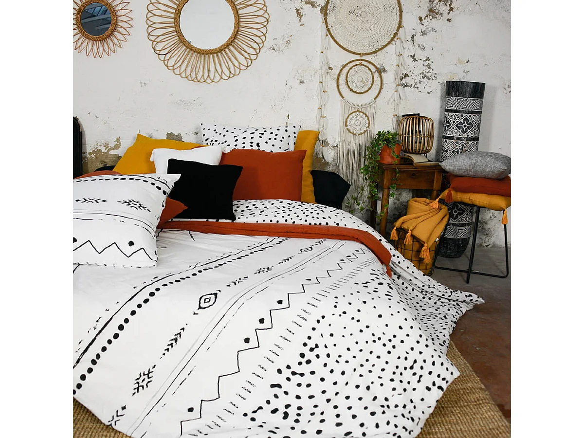 KEDAH - Parure de Lit Coton Motifs Ethniques Housse de Couette 200x200cm + 2 Taies d'Oreiller