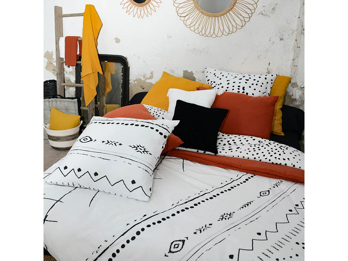 KEDAH - Parure de Lit Coton Motifs Ethniques Housse de Couette 200x200cm + 2 Taies d'Oreiller