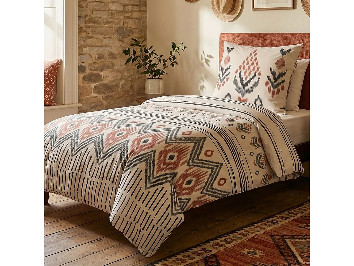 MUNDA - Parure de Lit Coton Motifs Ethniques Housse de Couette 140x200cm + Taie d'Oreiller