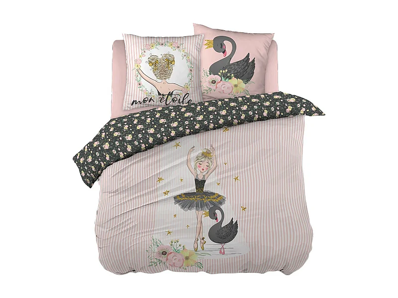 BALLET - Parure de Lit Coton Motif Danseuse Housse de Couette 200x200cm + 2 Taies d'Oreiller