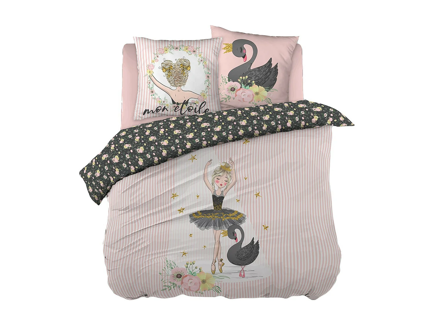 BALLET - Parure de Lit Coton Motif Danseuse Housse de Couette 200x200cm + 2 Taies d'Oreiller