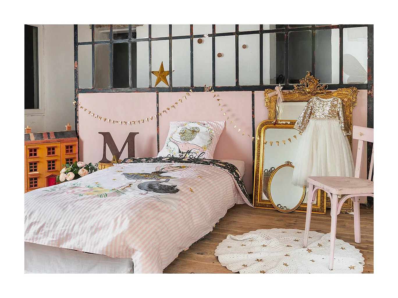 BALLET - Parure de Lit Coton Motif Danseuse Housse de Couette 200x200cm + 2 Taies d'Oreiller