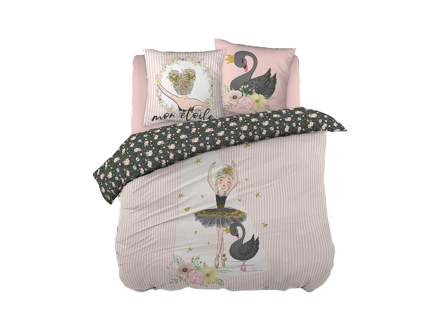 BALLET - Parure de Lit Coton Motif Danseuse Housse de Couette 200x200cm + 2 Taies d'Oreiller