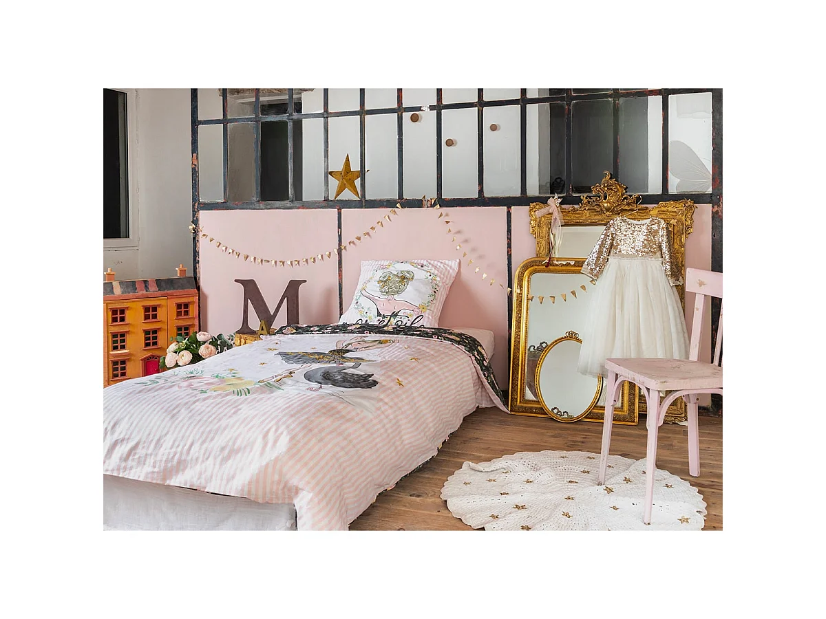 BALLET - Parure de Lit Coton Motif Danseuse Housse de Couette 200x200cm + 2 Taies d'Oreiller