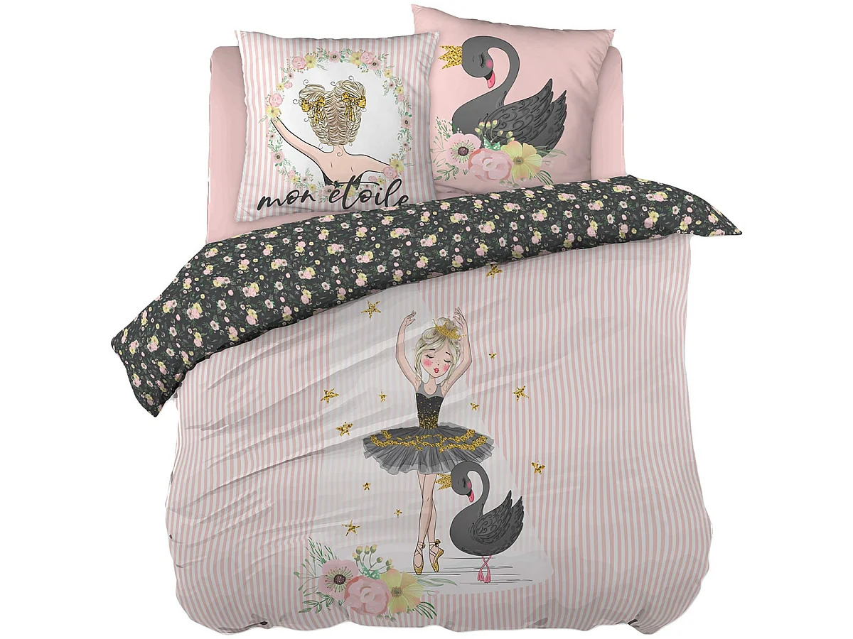 BALLET - Parure de Lit Coton Motif Danseuse Housse de Couette 200x200cm + 2 Taies d'Oreiller