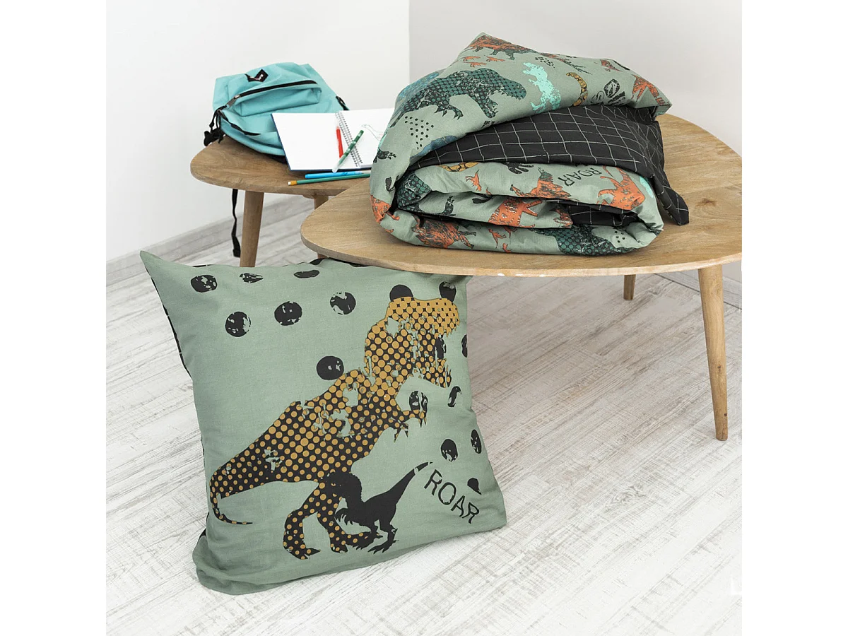 TYREX - Parure de Lit Coton Motif Dinosaures Housse de Couette 140x200cm + Taie d'Oreiller