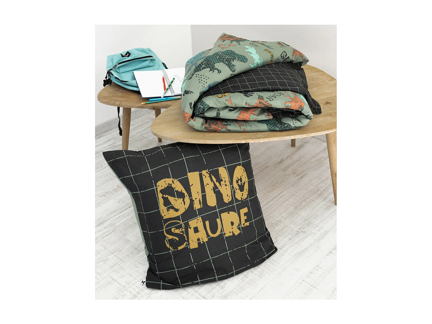 TYREX - Parure de Lit Coton Motif Dinosaures Housse de Couette 140x200cm + Taie d'Oreiller