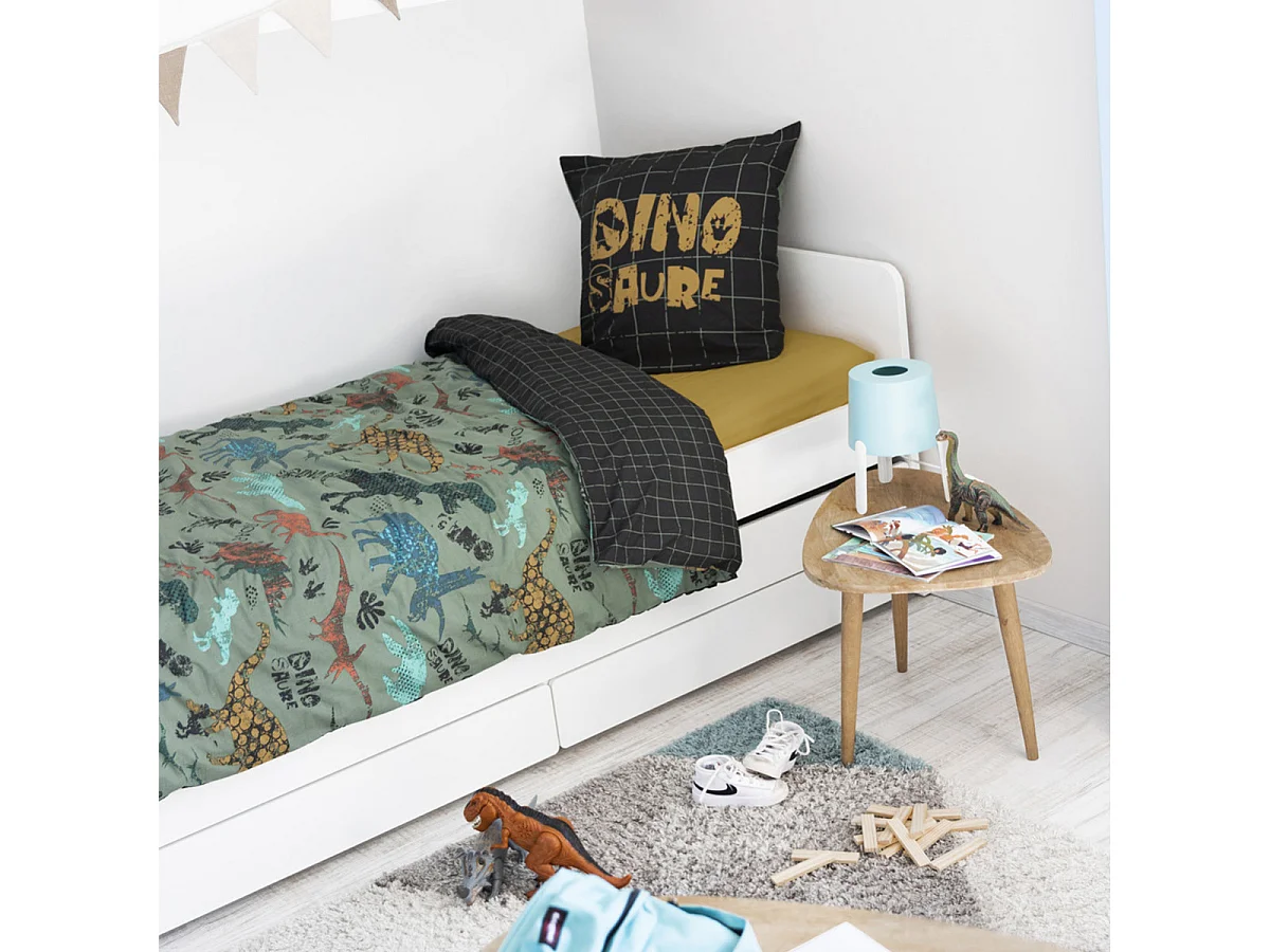 TYREX - Parure de Lit Coton Motif Dinosaures Housse de Couette 140x200cm + Taie d'Oreiller