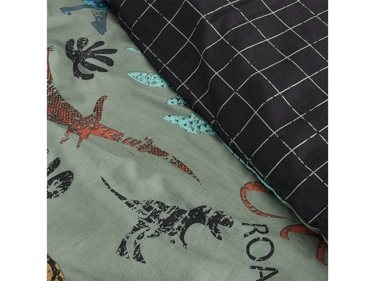 TYREX - Parure de Lit Coton Motif Dinosaures Housse de Couette 140x200cm + Taie d'Oreiller