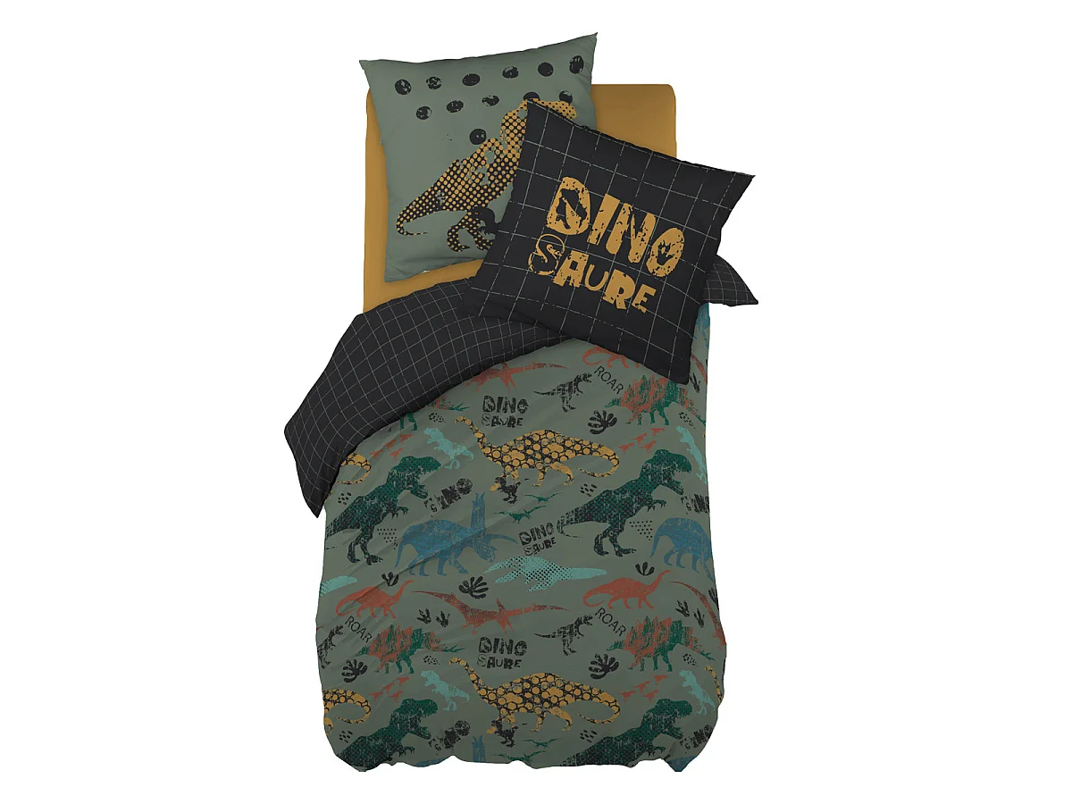 TYREX - Parure de Lit Coton Motif Dinosaures Housse de Couette 140x200cm + Taie d'Oreiller