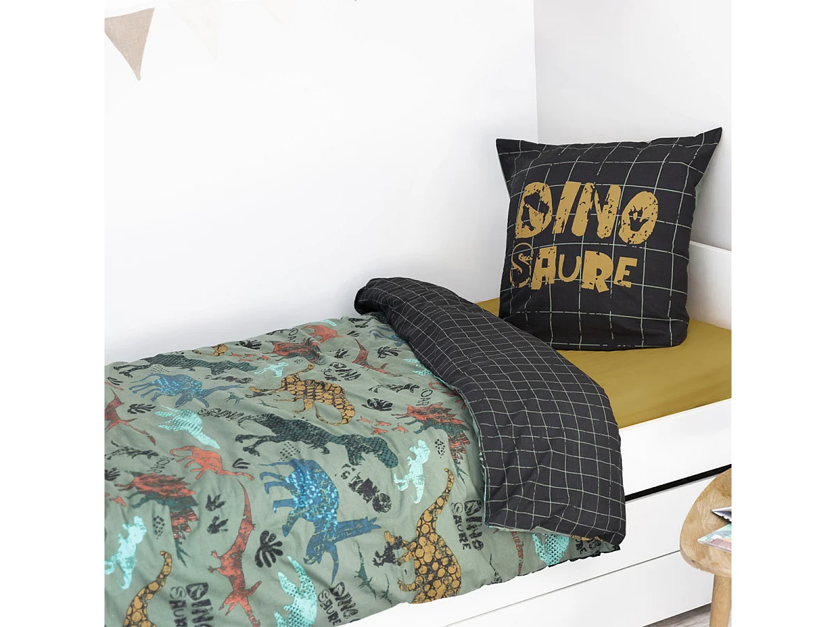TYREX - Parure de Lit Coton Motif Dinosaures Housse de Couette 140x200cm + Taie d'Oreiller