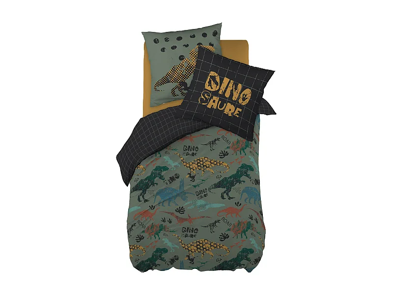 TYREX - Parure de Lit Coton Motif Dinosaures Housse de Couette 140x200cm + Taie d'Oreiller