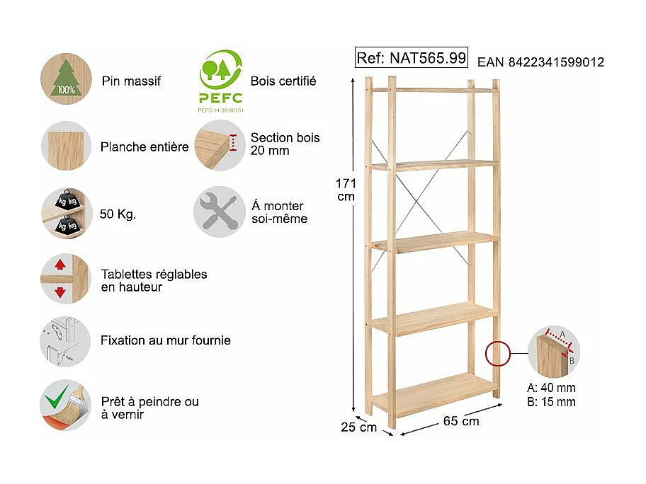 Etagère Natura 5 tablettes et montants à lattes