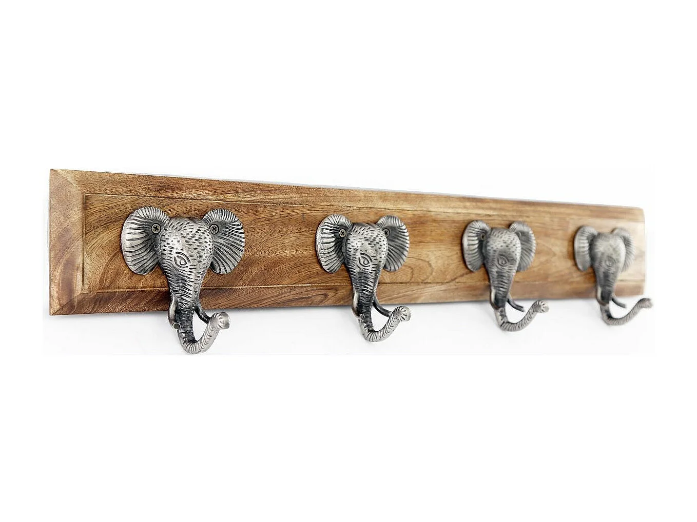 Patère 4 crochets en bois de manguier et fer Eléphants Argenté
