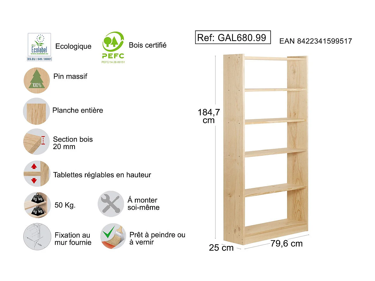 Bibliothèque Gala en pin 6 tablettes