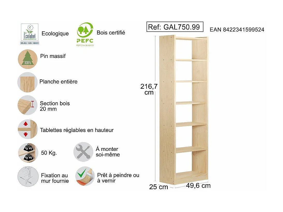 Colonne en pin Gala 7 tablettes