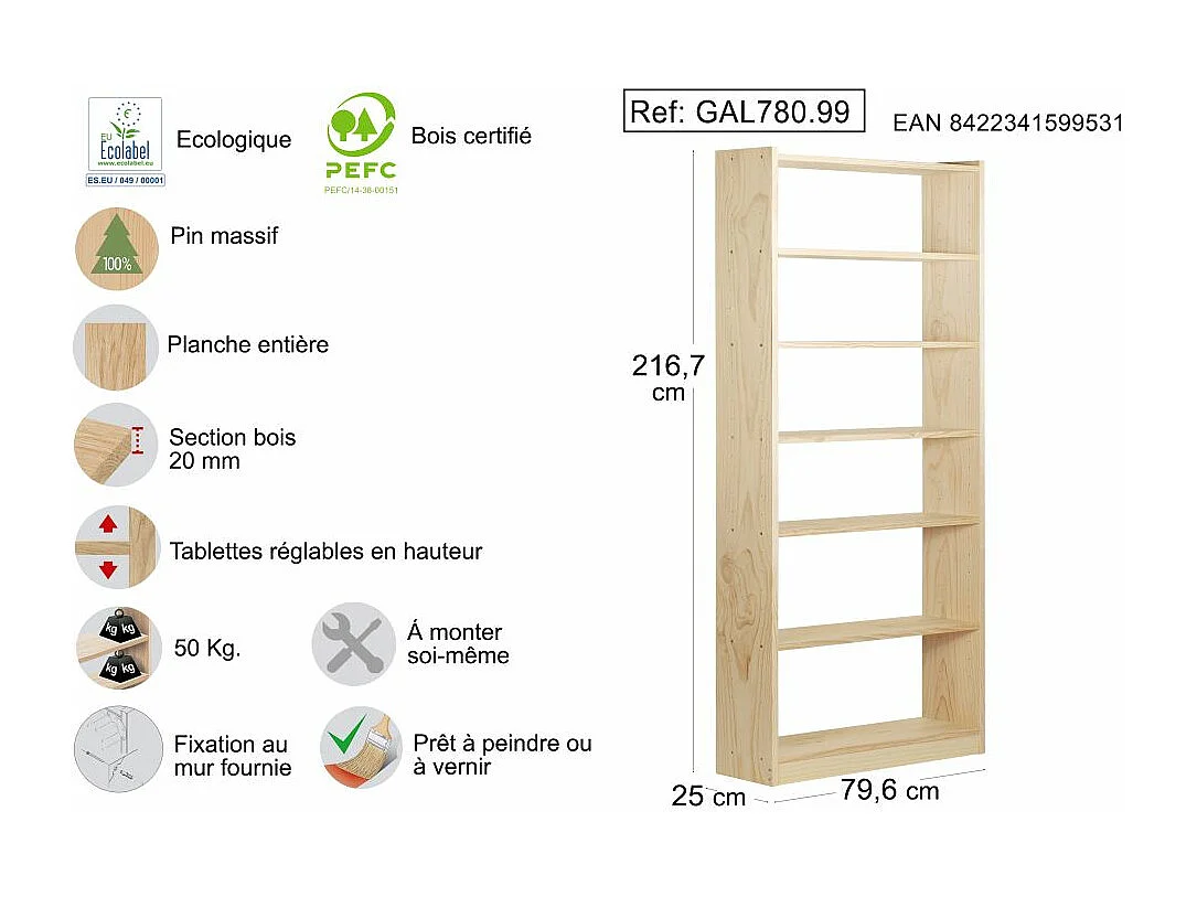 Bibliothèque Gala en pin 7 tablettes