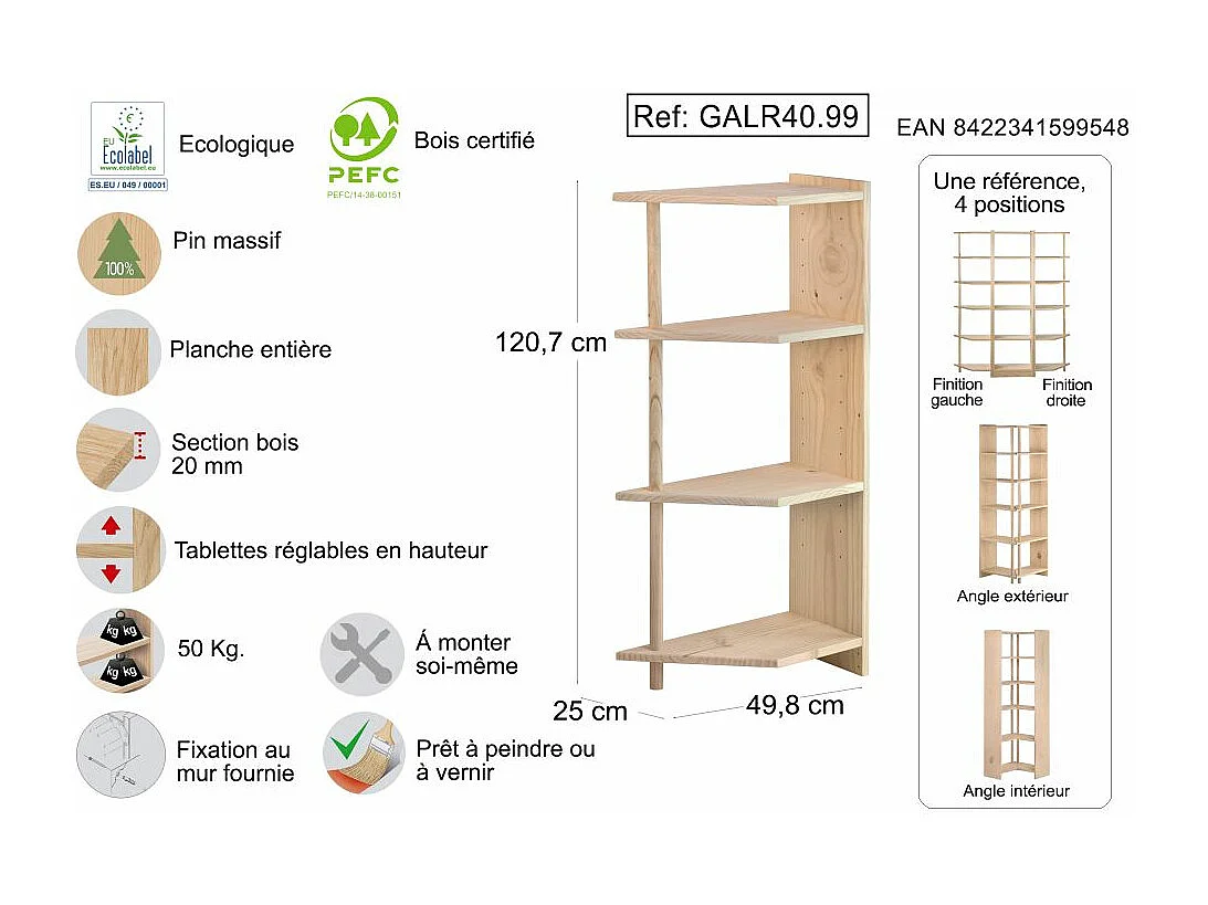 Etagère d'angle en pin brut Gala 4 tablettes