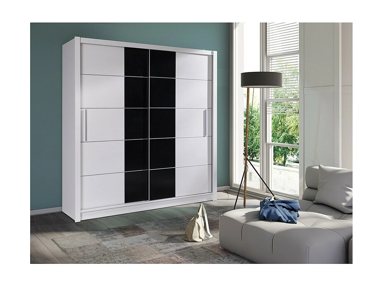 Armário coleção BRESCIA, 2 portas de correr nas cores preto e branco, com guarda-roupa integrado.