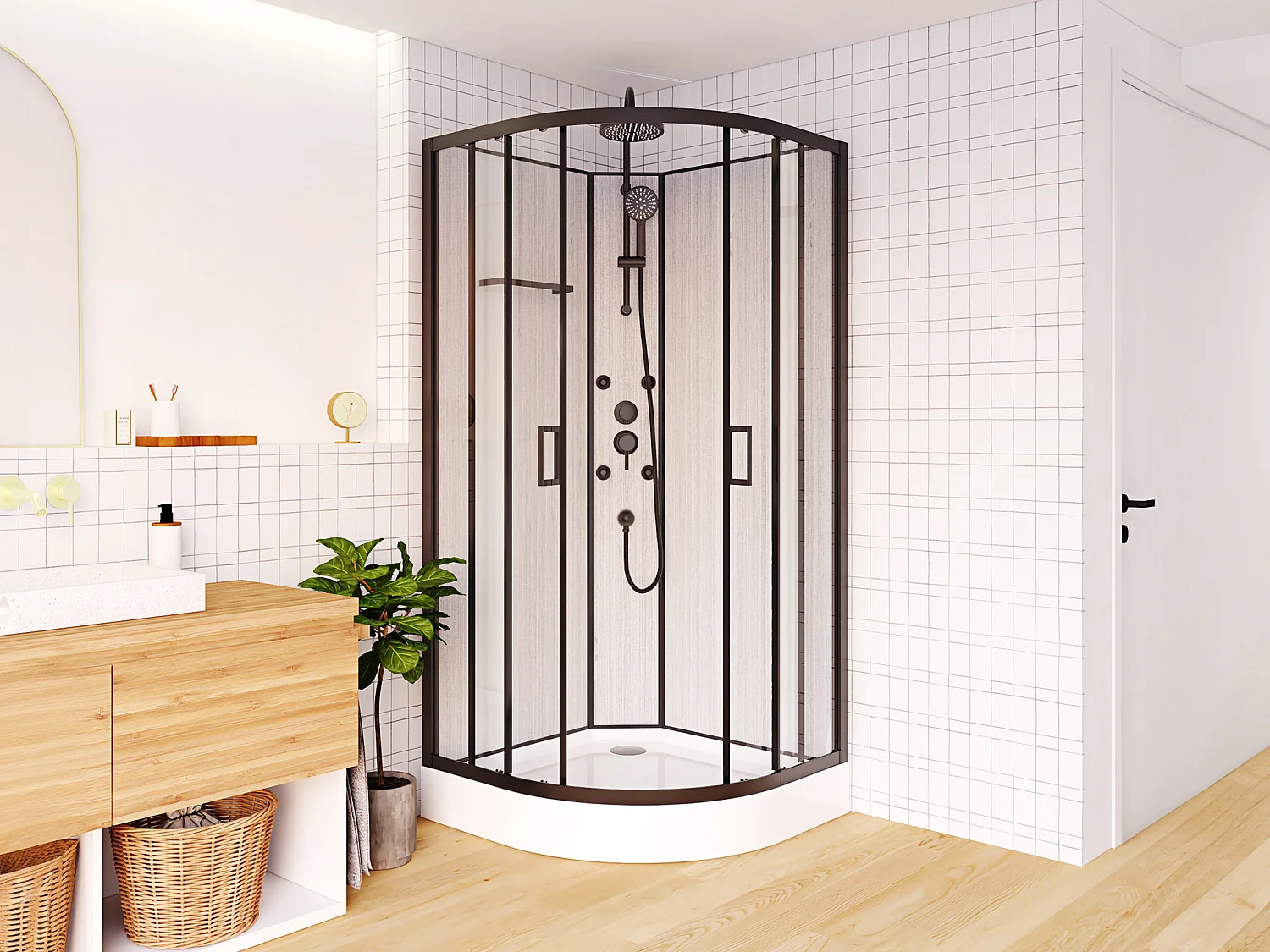 Cabine de douche hydromassante en fibre de bambou - Noir mat - L80 x l80 x H225 cm - ZALIFA