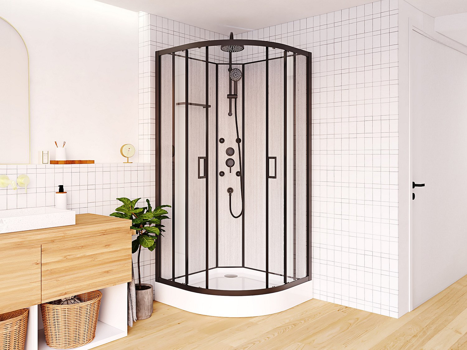 Vente-unique Duschkabine Mit Hydromassage - Bambusfasern - Schwarz Matt - 80 X 80 X 225 Cm - Zalifa
