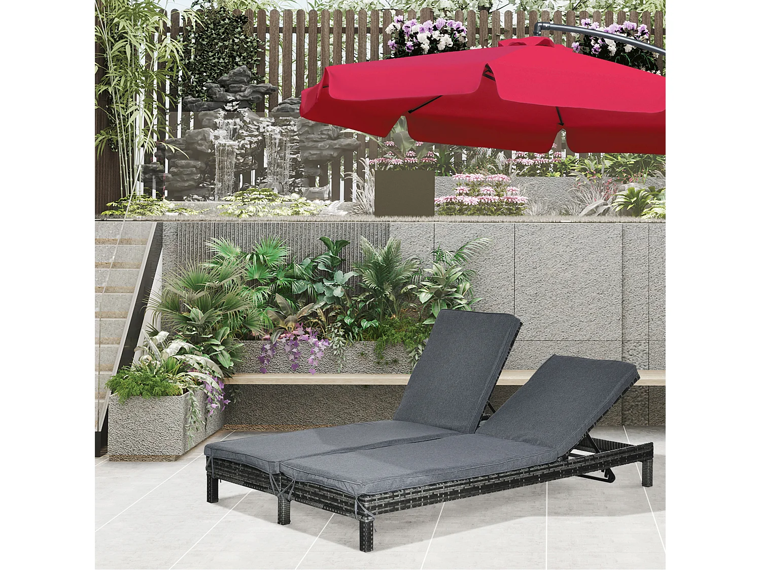 Bain de soleil transat 2 places - grand confort - dossier inclinable multi-positions - matelas fournis - résine tressée gris