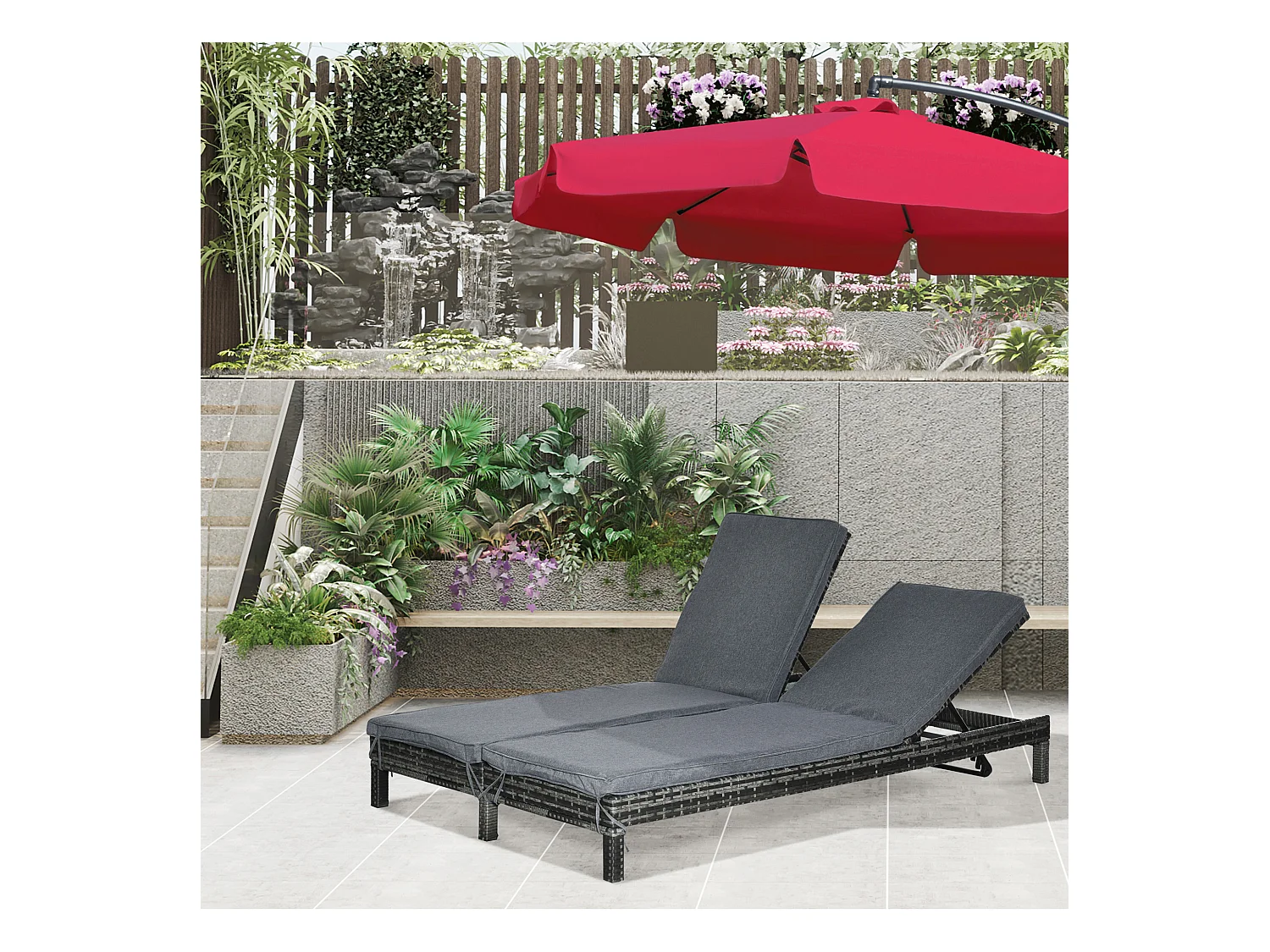 Bain de soleil transat 2 places - grand confort - dossier inclinable multi-positions - matelas fournis - résine tressée gris