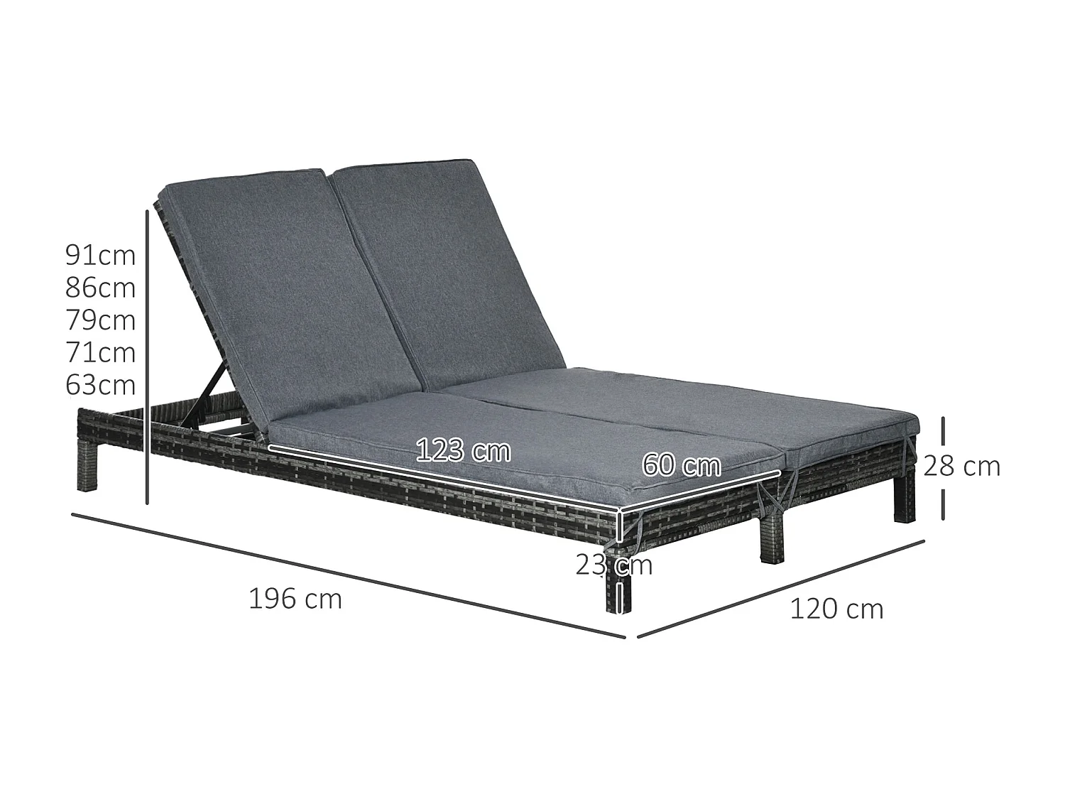 Bain de soleil transat 2 places - grand confort - dossier inclinable multi-positions - matelas fournis - résine tressée gris