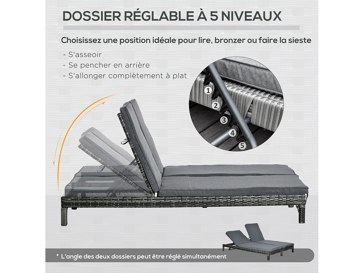 Bain de soleil transat 2 places - grand confort - dossier inclinable multi-positions - matelas fournis - résine tressée gris