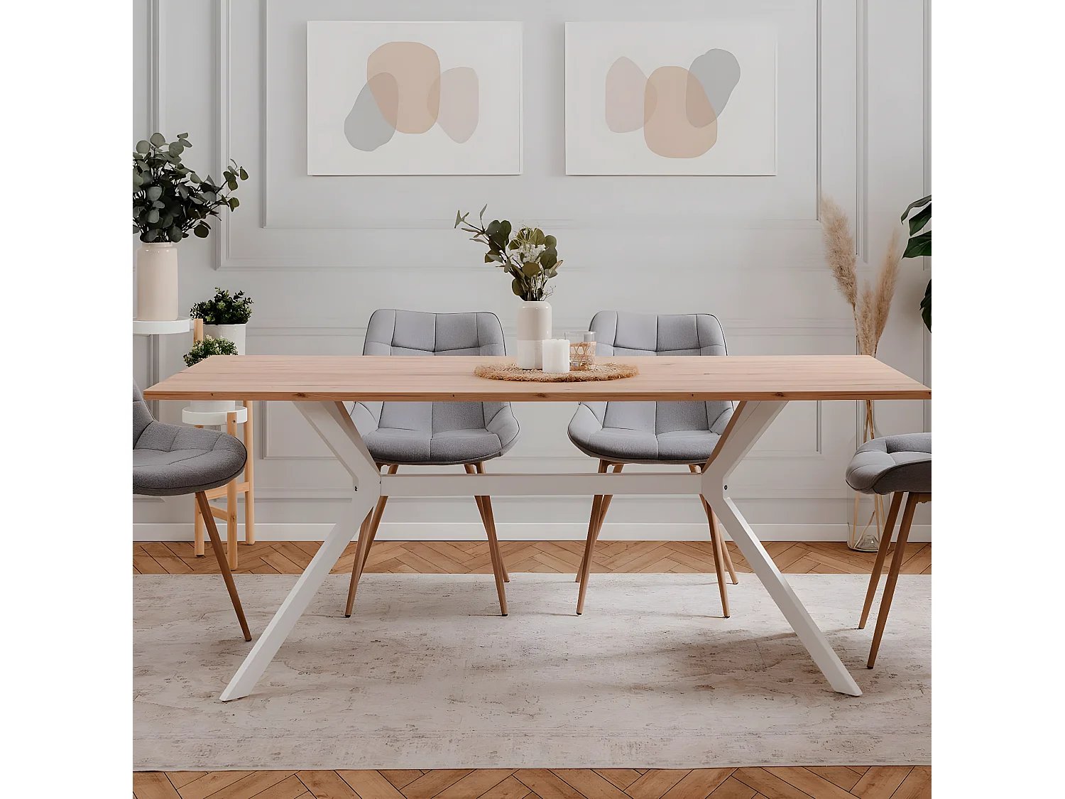 Table à manger effet chêne clair, piètement blanc 180 cm - Velia