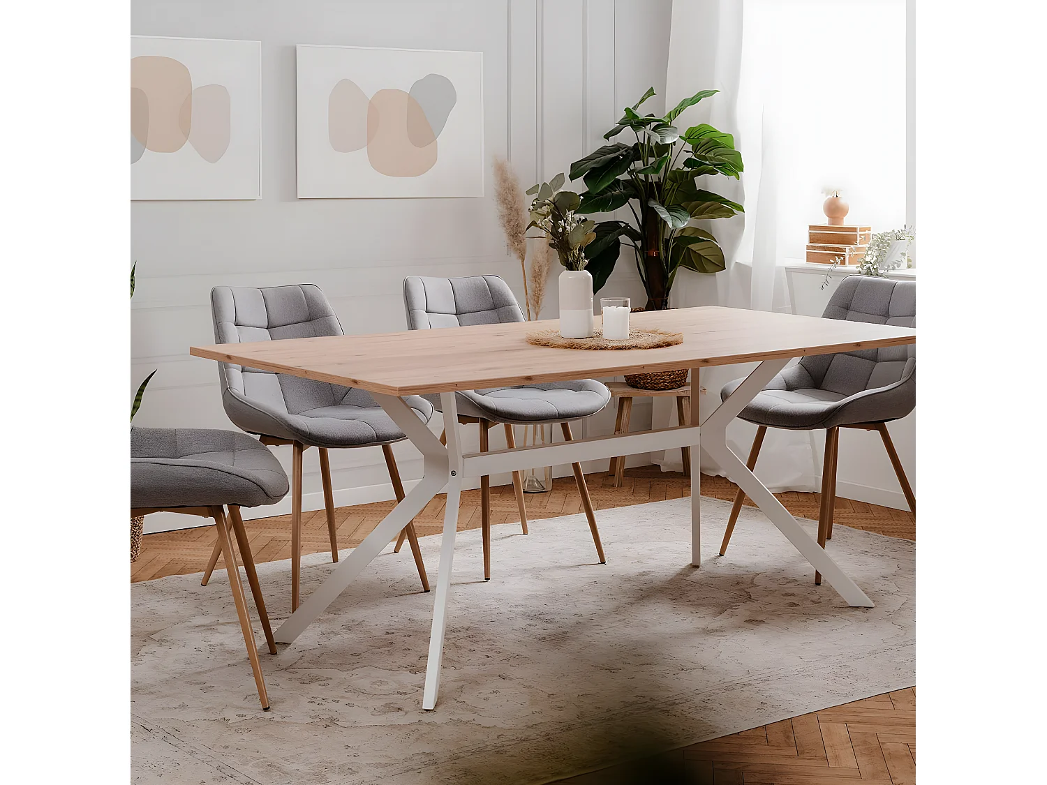 Table à manger effet chêne clair, piètement blanc 180 cm - Velia