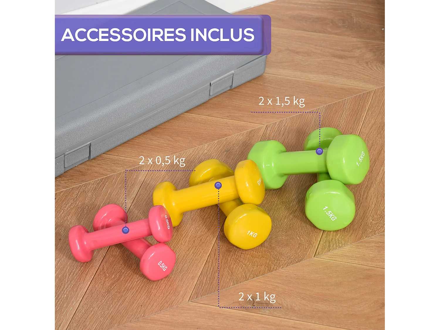 Ensemble d'haltères courtes total 6 Kg - paires de 0,5/1/1,5 Kg avec malette - entraînement musculaire & haltérophilie - acier PU multicolore