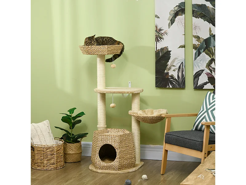 Arbre à chat style cosy chic griffoirs sisal naturel niche 2 paniers avec coussins plateforme 2 boules suspendues quenouille peluche courte crème beige