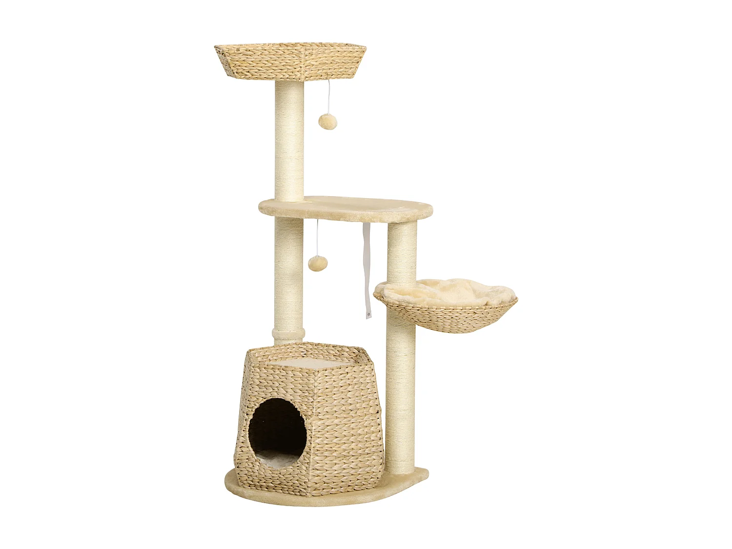 Arbre à chat style cosy chic griffoirs sisal naturel niche 2 paniers avec coussins plateforme 2 boules suspendues quenouille peluche courte crème beige