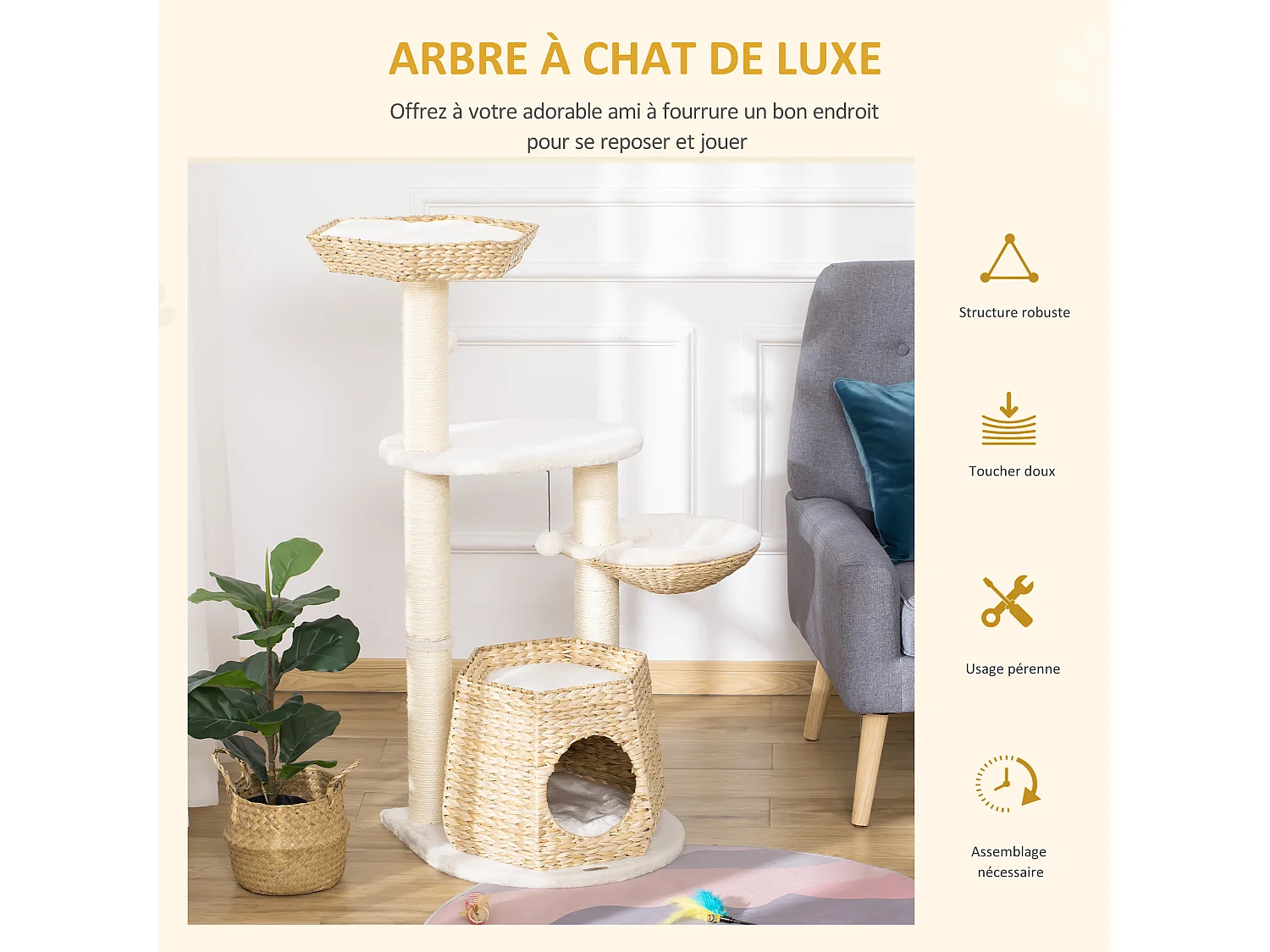 Arbre à chat style cosy chic griffoirs sisal naturel niche 2 paniers avec coussins plateforme 2 boules suspendues quenouille peluche courte crème beige