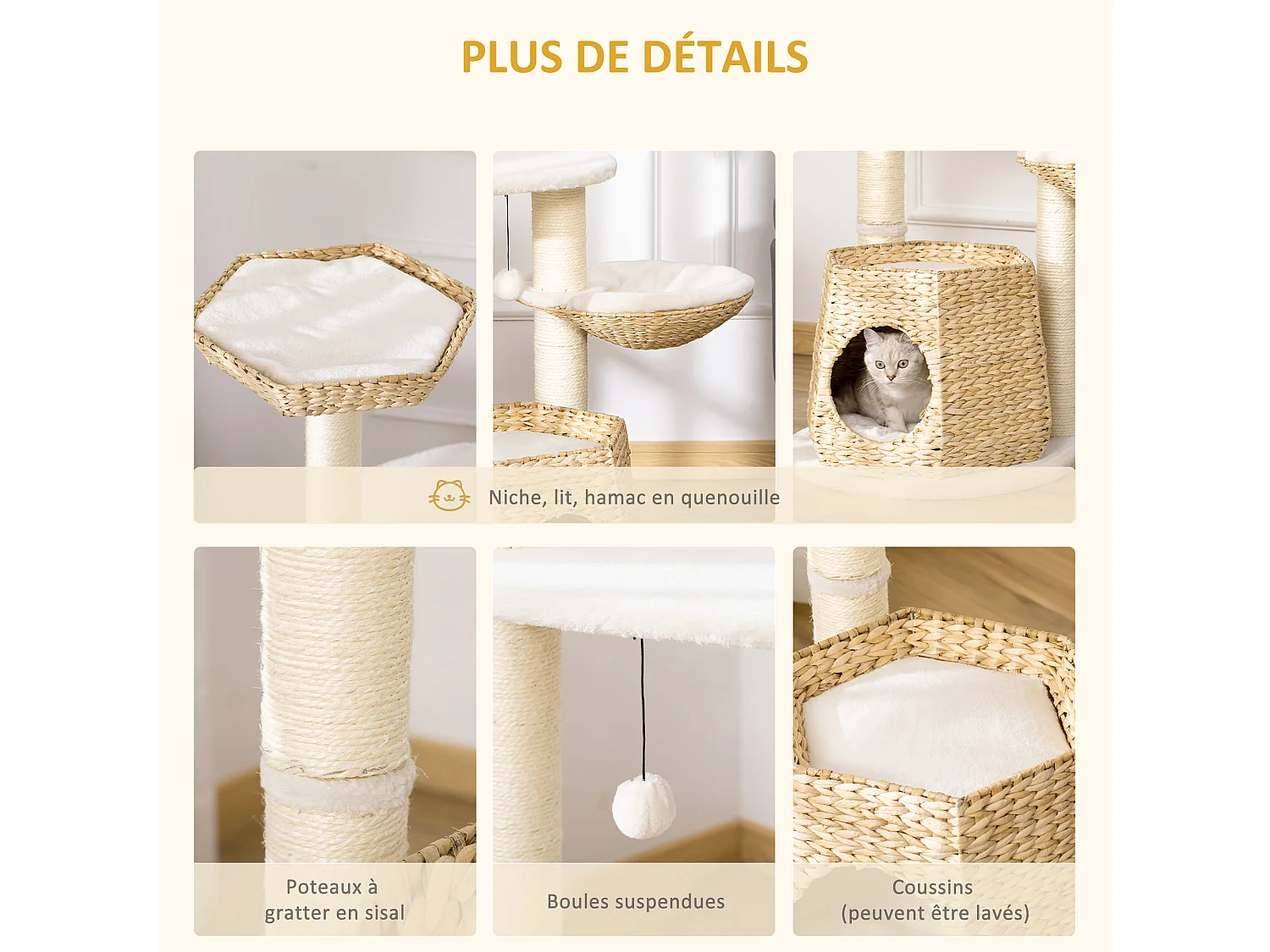 Arbre à chat style cosy chic griffoirs sisal naturel niche 2 paniers avec coussins plateforme 2 boules suspendues quenouille peluche courte crème beige
