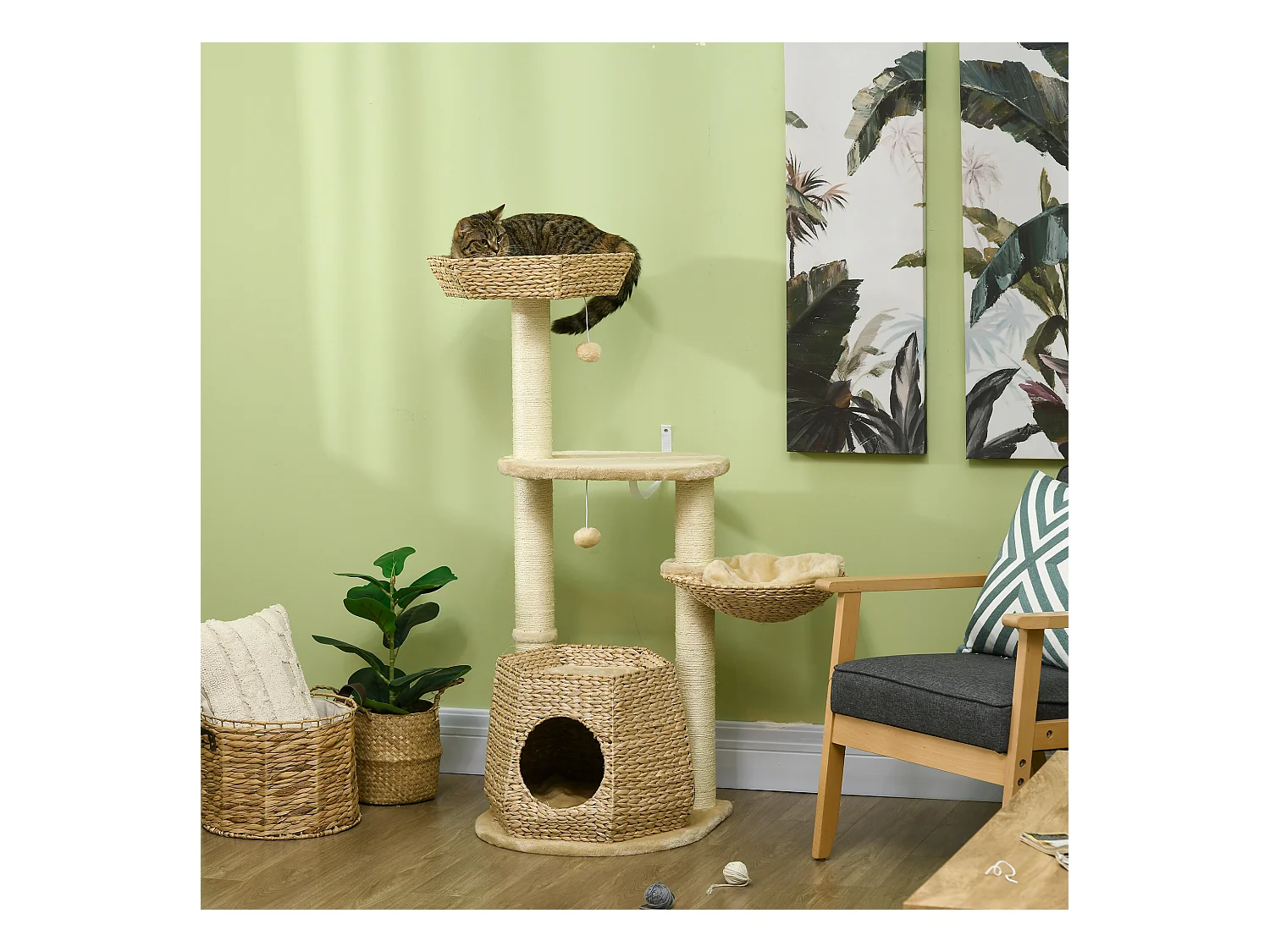 Arbre à chat style cosy chic griffoirs sisal naturel niche 2 paniers avec coussins plateforme 2 boules suspendues quenouille peluche courte crème beige