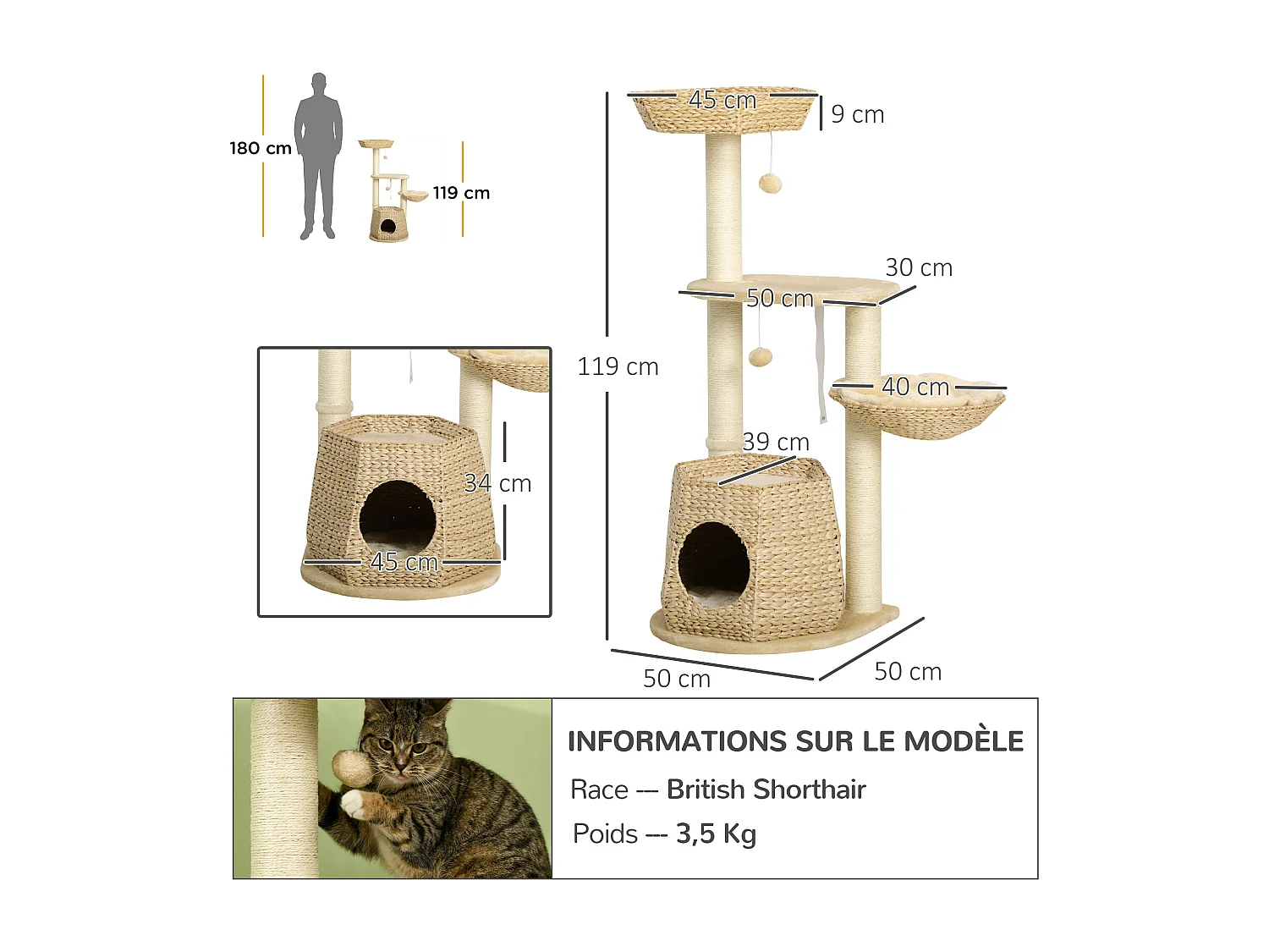 Arbre à chat style cosy chic griffoirs sisal naturel niche 2 paniers avec coussins plateforme 2 boules suspendues quenouille peluche courte crème beige