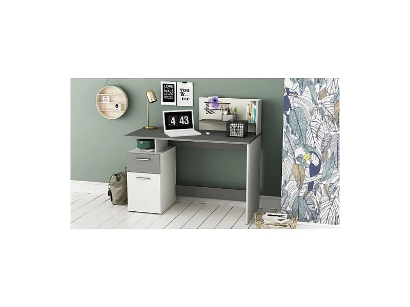 Escritorio PLATON Blanco y Gris 1 Puerta 1 Cajón - Modular con Almacenamiento - L 121,5 x A 109,7 x P 55,1 cm