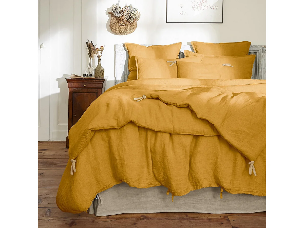 MARGAUX - Chemin de Lit 90x200cm Lin Lavé Coloris Miel