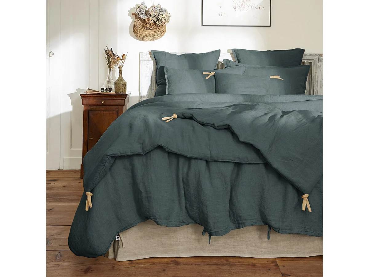 MARGAUX - Chemin de Lit 90x200cm Lin Lavé Coloris Ardoise