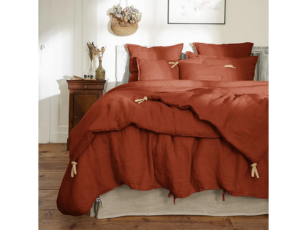 MARGAUX - Chemin de Lit 90x200cm Lin Lavé Coloris Paprika