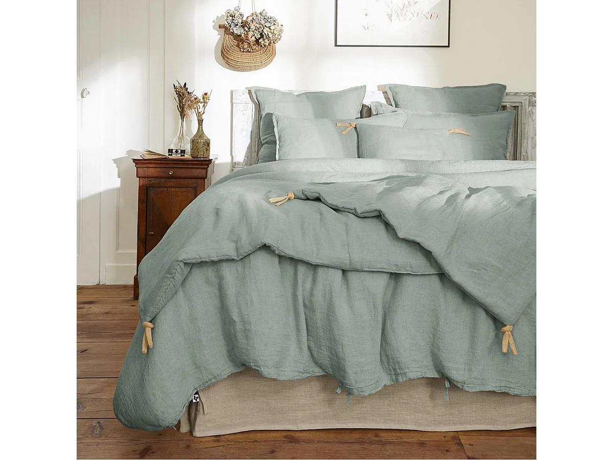 MARGAUX - Chemin de Lit 90x200cm Lin Lavé Coloris Eucalyptus