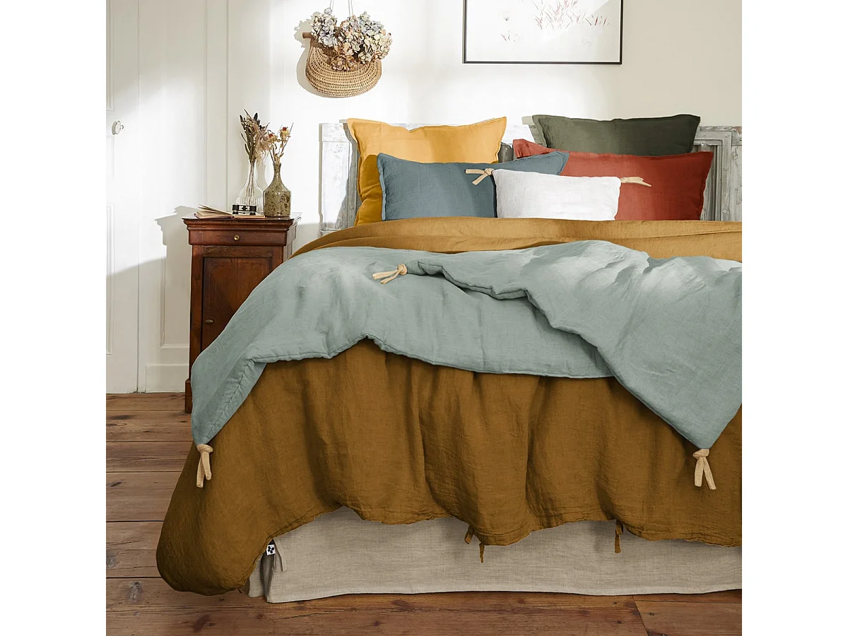 MARGAUX - Chemin de Lit 90x200cm Lin Lavé Coloris Eucalyptus