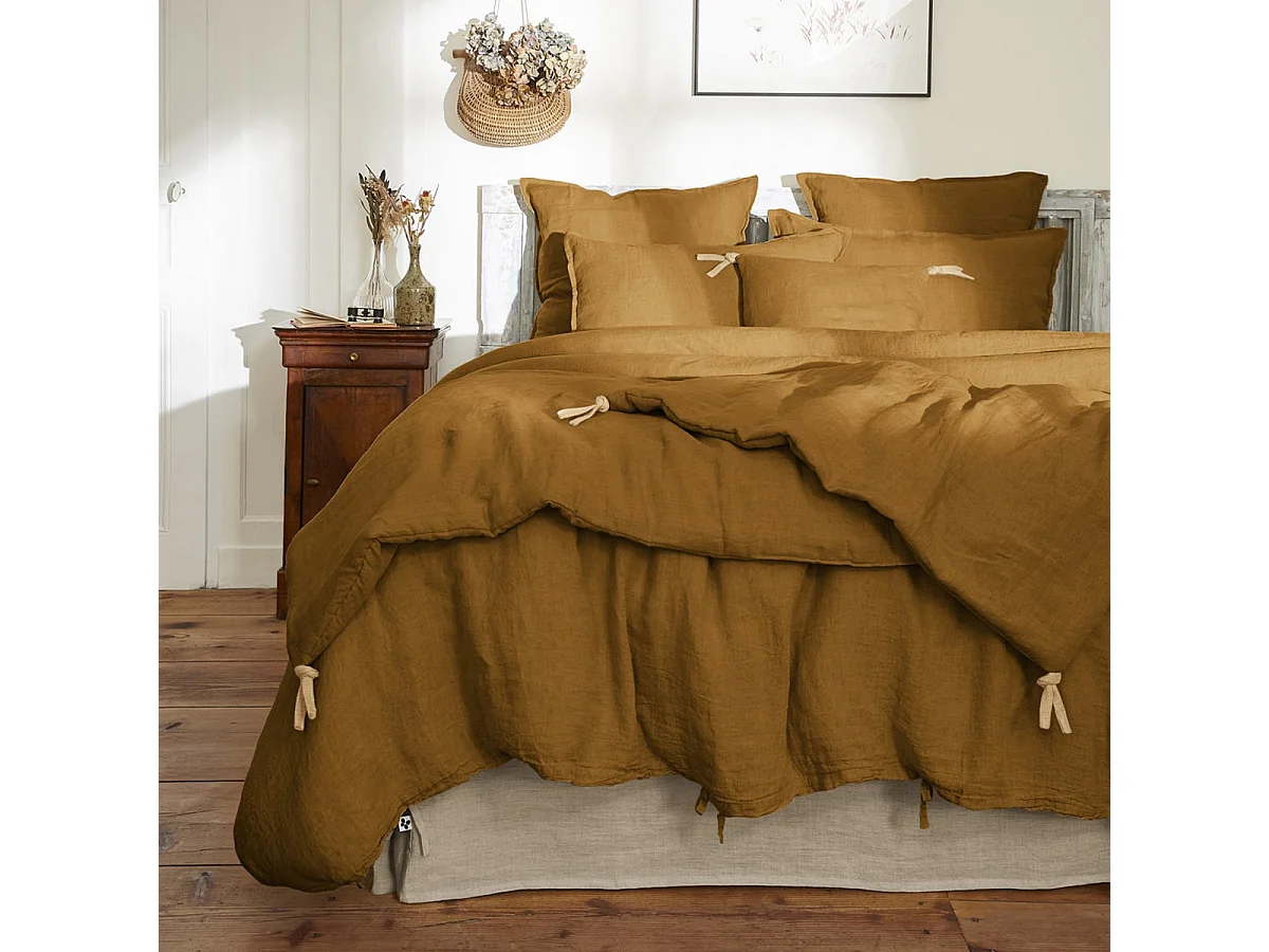 MARGAUX - Chemin de Lit 90x200cm Lin Lavé Coloris Caramel