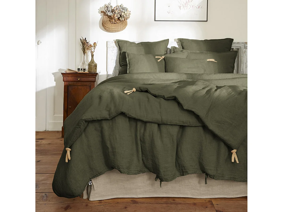 MARGAUX - Chemin de Lit 90x200cm Lin Lavé Coloris Thym