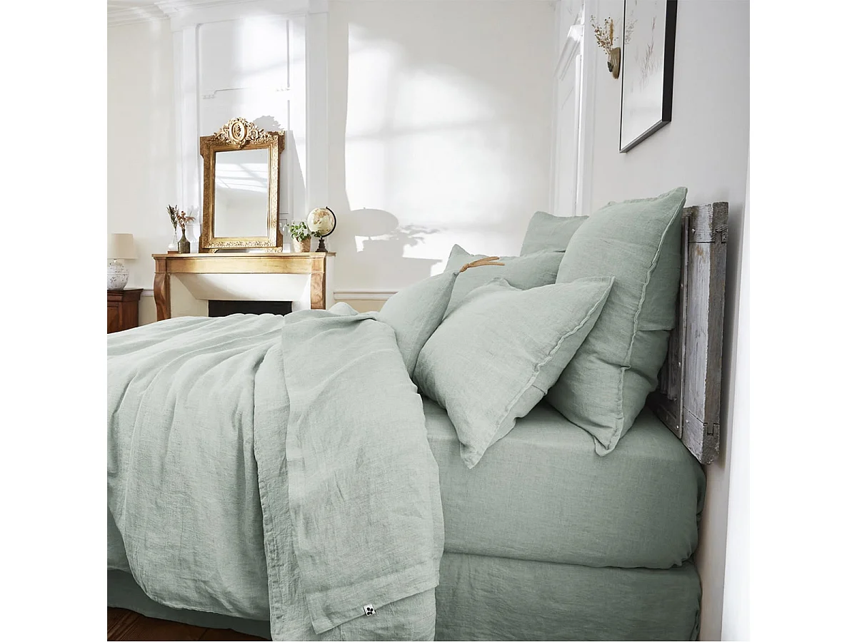 MARGAUX - Housse de Couette 260x240cm Lin Lavé Coloris Eucalyptus