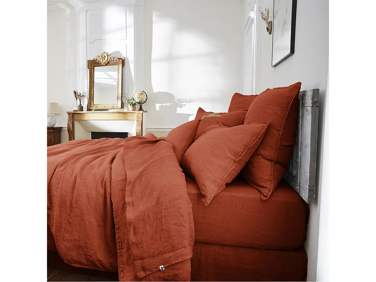 MARGAUX - Housse de Couette 240x220cm Lin Lavé Coloris Paprika